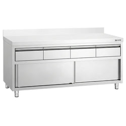 Szafka robocza ze stali nierdzewnej PREMIUM – 2000 x 600 mm – z obrzeżem – z 4 szufladami i drzwiami przesuwnymi