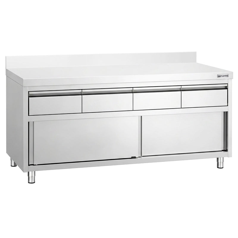 Szafka robocza ze stali nierdzewnej PREMIUM – 2000 x 600 mm – z obrzeżem – z 4 szufladami i drzwiami przesuwnymi