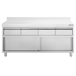 Szafka robocza ze stali nierdzewnej PREMIUM – 2000 x 600 mm – z obrzeżem – z 4 szufladami i drzwiami przesuwnymi