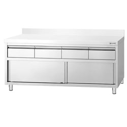 Szafka robocza ze stali nierdzewnej PREMIUM – 2000 x 600 mm – z obrzeżem – z 4 szufladami i drzwiami przesuwnymi