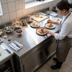 Szafka robocza ze stali nierdzewnej ECO – 2000 x 600 mm – z obrzeżem – z 4 szufladami i drzwiami przesuwnymi