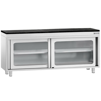 Szafka robocza ze stali nierdzewnej PREMIUM – 2000 x 600 mm – z przesuwnymi szklanymi drzwiami – wraz z blatem granitowym