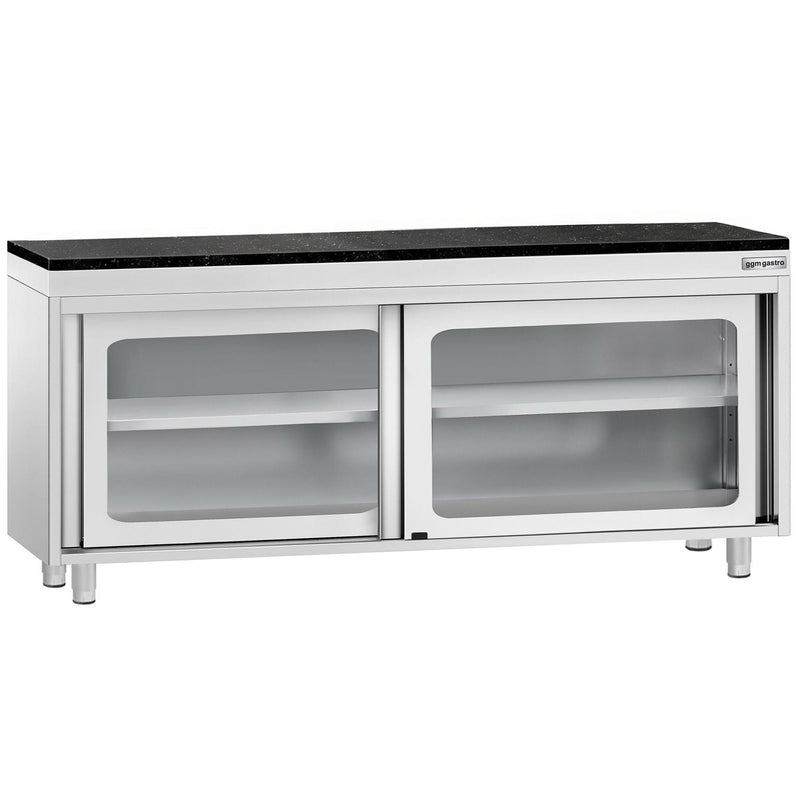 Szafka robocza ze stali nierdzewnej PREMIUM – 2000 x 600 mm – z przesuwnymi szklanymi drzwiami – wraz z blatem granitowym