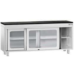 Szafka robocza ze stali nierdzewnej PREMIUM – 2000 x 700 mm – z przesuwanymi szklanymi drzwiami – wraz z blatem granitowym