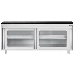 Szafka robocza ze stali nierdzewnej PREMIUM – 2000 x 600 mm – z przesuwnymi szklanymi drzwiami – wraz z blatem granitowym