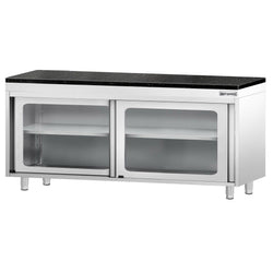 Szafka robocza ze stali nierdzewnej PREMIUM – 2000 x 600 mm – z przesuwnymi szklanymi drzwiami – wraz z blatem granitowym