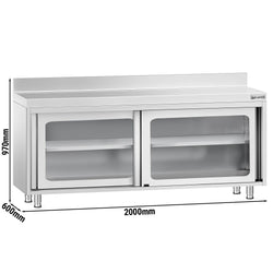 Szafka robocza ze stali nierdzewnej PREMIUM – 2000 x 600 mm – z przesuwanymi drzwiami szklanymi i nadstawką