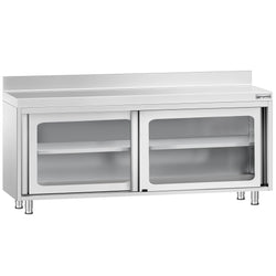 Szafka robocza ze stali nierdzewnej PREMIUM – 2000 x 600 mm – z przesuwanymi drzwiami szklanymi i nadstawką