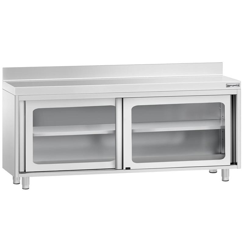 Szafka robocza ze stali nierdzewnej PREMIUM - 2000x700mm - z szklanymi drzwiami suwanymi, z półką pośrednią, z rantem