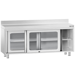 Szafka robocza ze stali nierdzewnej PREMIUM – 2000 x 600 mm – z przesuwanymi drzwiami szklanymi i nadstawką