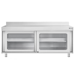 Szafka robocza ze stali nierdzewnej PREMIUM – 2000 x 600 mm – z przesuwanymi drzwiami szklanymi i nadstawką