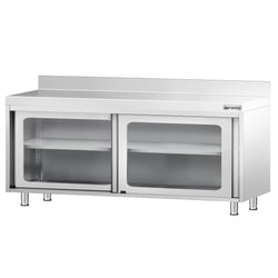 Szafka robocza ze stali nierdzewnej PREMIUM – 2000 x 600 mm – z przesuwanymi drzwiami szklanymi i nadstawką
