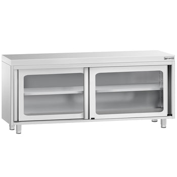 Szafka robocza ze stali nierdzewnej PREMIUM - 2000x600mm - z szklanymi drzwiami suwanymi, z półką pośrednią