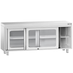 Szafka robocza ze stali nierdzewnej PREMIUM - 2000x600mm - z szklanymi drzwiami suwanymi, z półką pośrednią