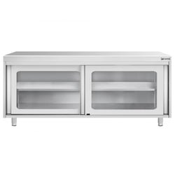 Szafka robocza ze stali nierdzewnej PREMIUM - 2000x600mm - z szklanymi drzwiami suwanymi, z półką pośrednią