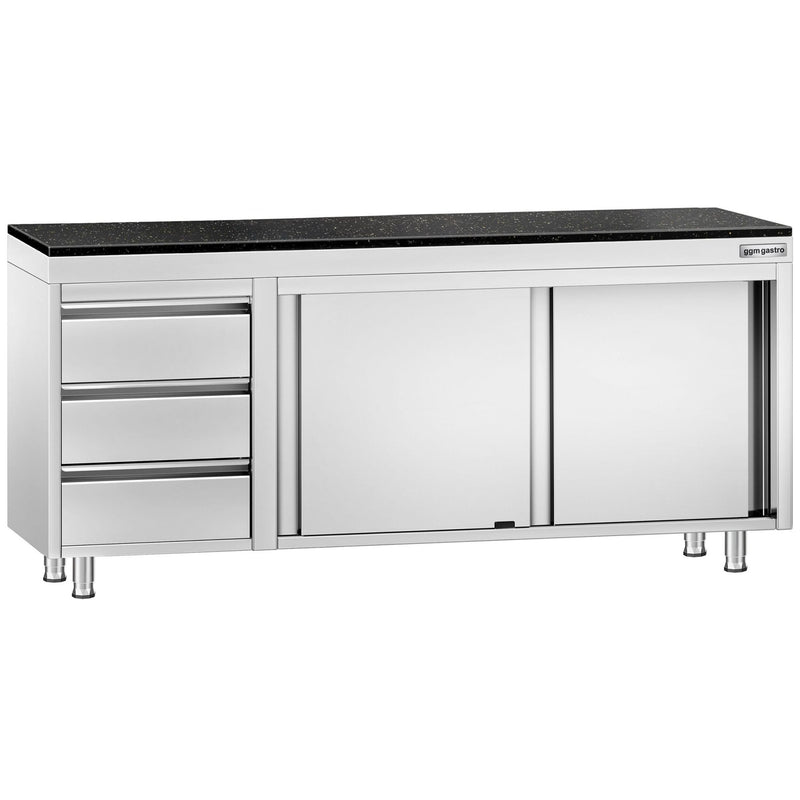 Szafka robocza ze stali nierdzewnej PREMIUM – 2000 x 700 mm – z 3 szufladami po lewej stronie – wraz z blatem granitowym