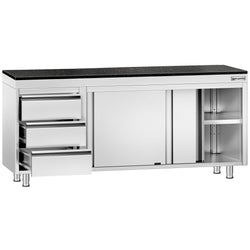 Szafka robocza ze stali nierdzewnej PREMIUM – 2000 x 700 mm – z 3 szufladami po lewej stronie – wraz z blatem granitowym