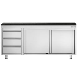 Szafka robocza ze stali nierdzewnej PREMIUM – 2000 x 700 mm – z 3 szufladami po lewej stronie – wraz z blatem granitowym