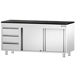 Szafka robocza ze stali nierdzewnej PREMIUM – 2000 x 700 mm – z 3 szufladami po lewej stronie – wraz z blatem granitowym