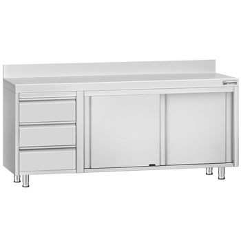 Szafka robocza ze stali nierdzewnej ECO - 2000x600 mm - z 3 szufladami po lewej stronie i panelem tylnym - Prime Gastro