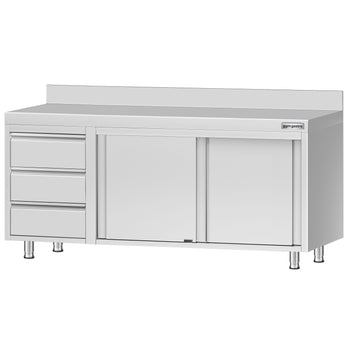 Szafka robocza ze stali nierdzewnej ECO - 2000x600 mm - z 3 szufladami po lewej stronie i panelem tylnym - Prime Gastro
