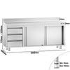 Szafka robocza PREMIUM – stal nierdzewna – 2000 x 600 mm – z 3 szufladami po lewej stronie i rantem