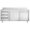 Szafka robocza PREMIUM – stal nierdzewna – 2000 x 600 mm – z 3 szufladami po lewej stronie i rantem