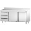 Szafka robocza PREMIUM – stal nierdzewna – 2000 x 600 mm – z 3 szufladami po lewej stronie i rantem