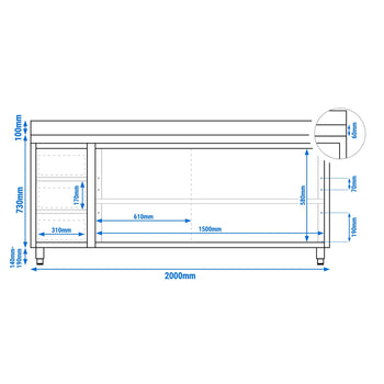 Szafka robocza ze stali nierdzewnej ECO - 2000x700 mm - z 3 szufladami po lewej stronie & panelem tylnym - Prime Gastro