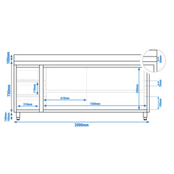 Stainless Steel Floor Cupboard PREMIUM - 2000x700mm - with Sliding Doors - with 3 Drawers left & Upstand