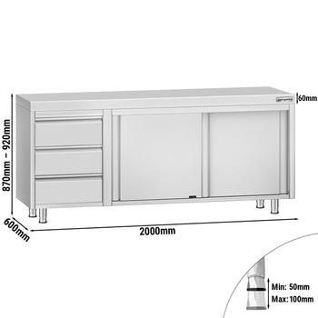 Szafka robocza ze stali nierdzewnej ECO - 2000 x 600 mm - z 3 szufladami po lewej stronie - Prime Gastro