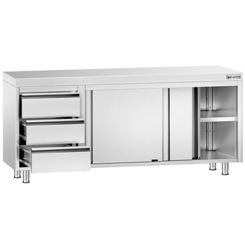 Szafka robocza ze stali nierdzewnej PREMIUM – 2000 x 600 mm – z 3 szufladami po lewej stronie - Prime Gastro