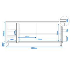 Stainless Steel Floor Cupboard PREMIUM - 2000x700mm - with Sliding Doors with 3 Drawers left