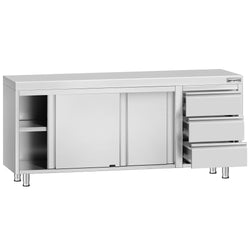 Stainless Steel Floor Cupboard ECO - 2000x600mm - with Sliding Doors - with 3 Drawers right
