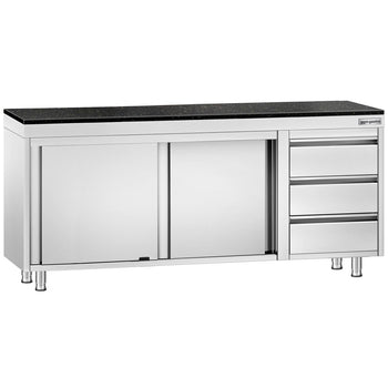Szafka robocza ze stali nierdzewnej PREMIUM – 2000 x 700 mm – z 3 szufladami po prawej stronie – wraz z blatem granitowym