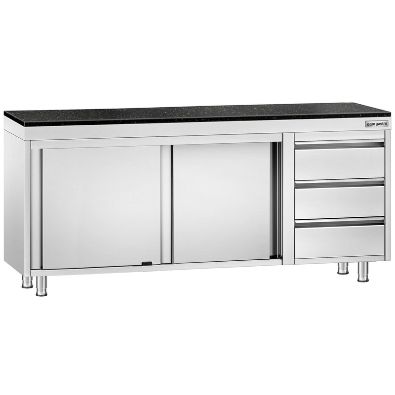 Szafka robocza ze stali nierdzewnej PREMIUM – 2000 x 700 mm – z 3 szufladami po prawej stronie – wraz z blatem granitowym