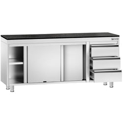Szafka robocza ze stali nierdzewnej PREMIUM – 2000 x 700 mm – z 3 szufladami po prawej stronie – wraz z blatem granitowym