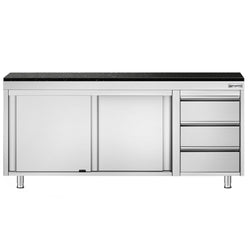 Szafka robocza ze stali nierdzewnej PREMIUM – 2000 x 700 mm – z 3 szufladami po prawej stronie – wraz z blatem granitowym