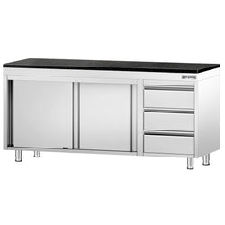 Szafka robocza ze stali nierdzewnej PREMIUM – 2000 x 700 mm – z 3 szufladami po prawej stronie – wraz z blatem granitowym