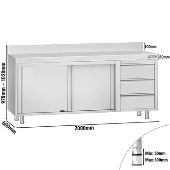Szafka robocza ze stali nierdzewnej ECO - 2000x600 mm - z 3 szufladami po prawej stronie i panelem tylnym - Prime Gastro