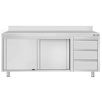 Szafka robocza ze stali nierdzewnej ECO - 2000x600 mm - z 3 szufladami po prawej stronie i panelem tylnym - Prime Gastro