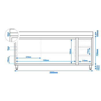 Szafka robocza ze stali nierdzewnej ECO - 2000x600 mm - z 3 szufladami po prawej stronie i panelem tylnym - Prime Gastro