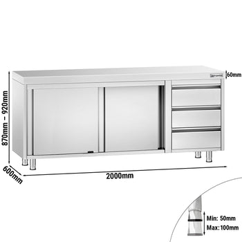 Szafka robocza ze stali szlachetnej PREMIUM – 2000 x 600 mm – z 3 szufladami po prawej stronie - Prime Gastro