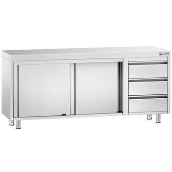 Stainless Steel Floor Cupboard PREMIUM - 2000x600mm - with Sliding Doors with 3 Drawers right