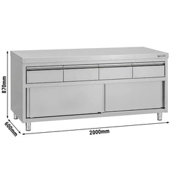 Szafka robocza ze stali nierdzewnej ECO – 2000 x 600 mm – z 4 szufladami i drzwiami przesuwnymi