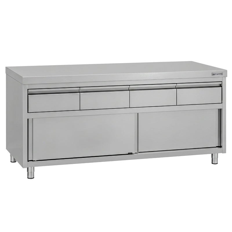Szafka robocza ze stali nierdzewnej ECO – 2000 x 600 mm – z 4 szufladami i drzwiami przesuwnymi