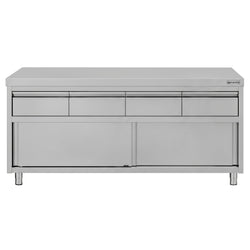 Szafka robocza ze stali nierdzewnej ECO – 2000 x 600 mm – z 4 szufladami i drzwiami przesuwnymi