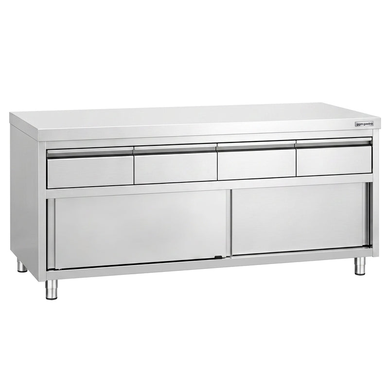 Szafka robocza ze stali nierdzewnej PREMIUM – 2000 x 600 mm – z 4 szufladami i drzwiami przesuwnymi