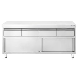 Szafka robocza ze stali nierdzewnej PREMIUM – 2000 x 600 mm – z 4 szufladami i drzwiami przesuwnymi