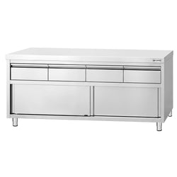 Szafka robocza ze stali nierdzewnej PREMIUM – 2000 x 600 mm – z 4 szufladami i drzwiami przesuwnymi
